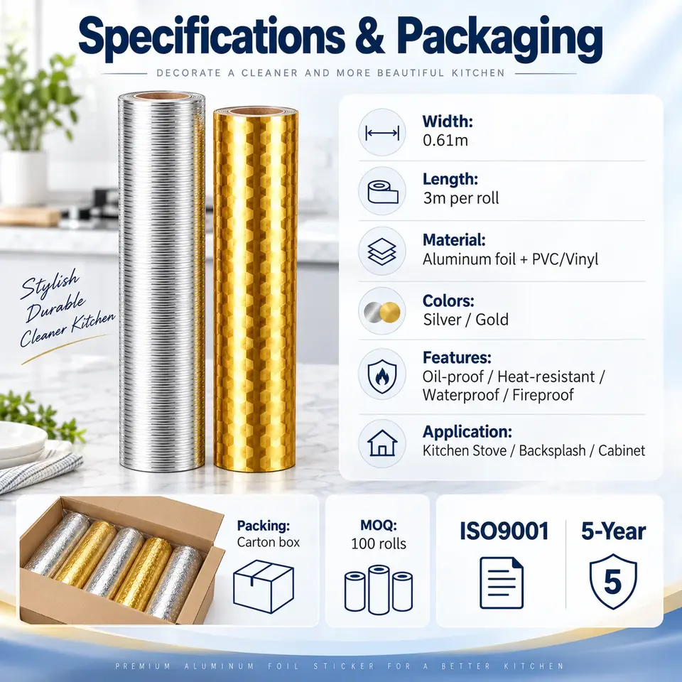 Oil-Proof Silver & Gold Aluminum Foil Kitchen Sticker — Roll format and packaging