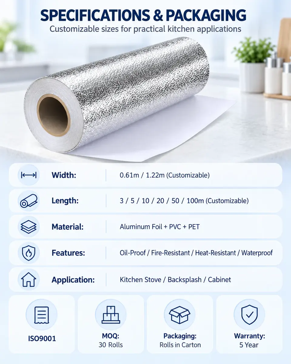 Glitter Metallic Aluminum Foil Kitchen Sticker — Roll format and packaging