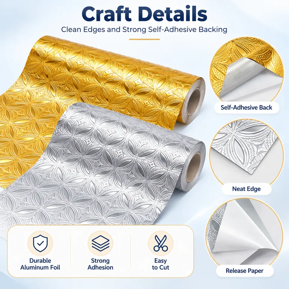 Metallic Aluminum Foil Oil-Proof Kitchen Backsplash Sticker — Installation and application detail