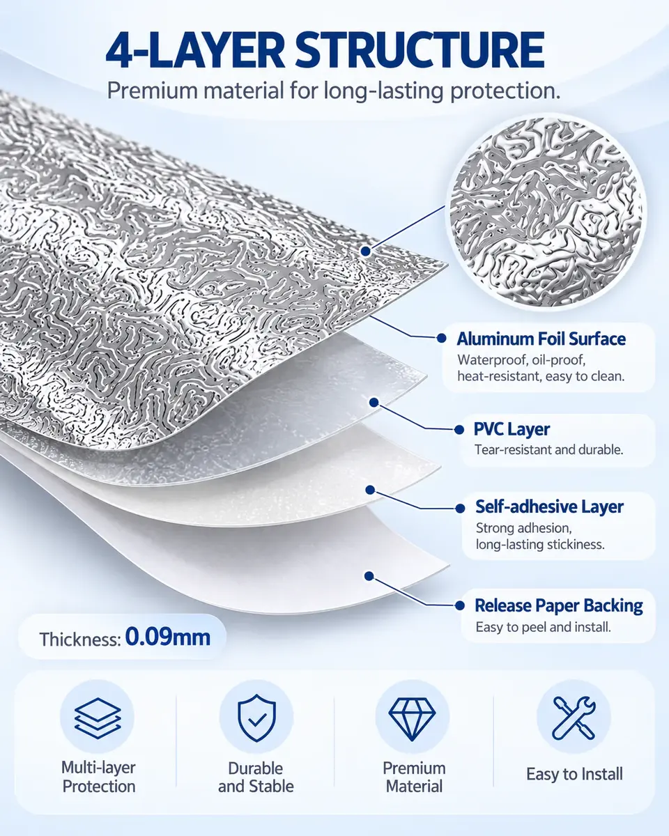 Silver Aluminum Foil Kitchen Sticker — Surface texture and finish close-up
