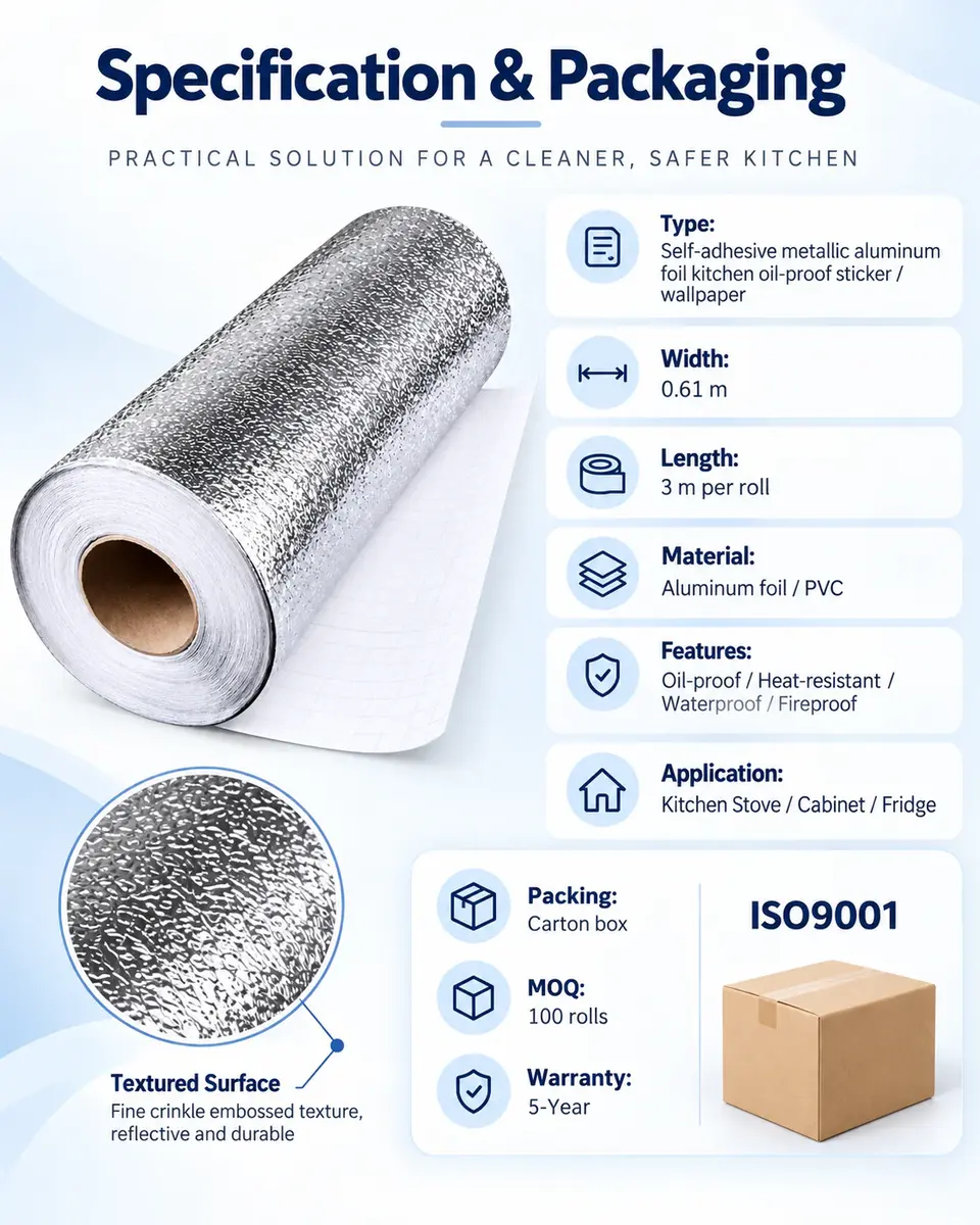 Silver Aluminum Foil Oil-Proof Kitchen Sticker — Roll format and packaging