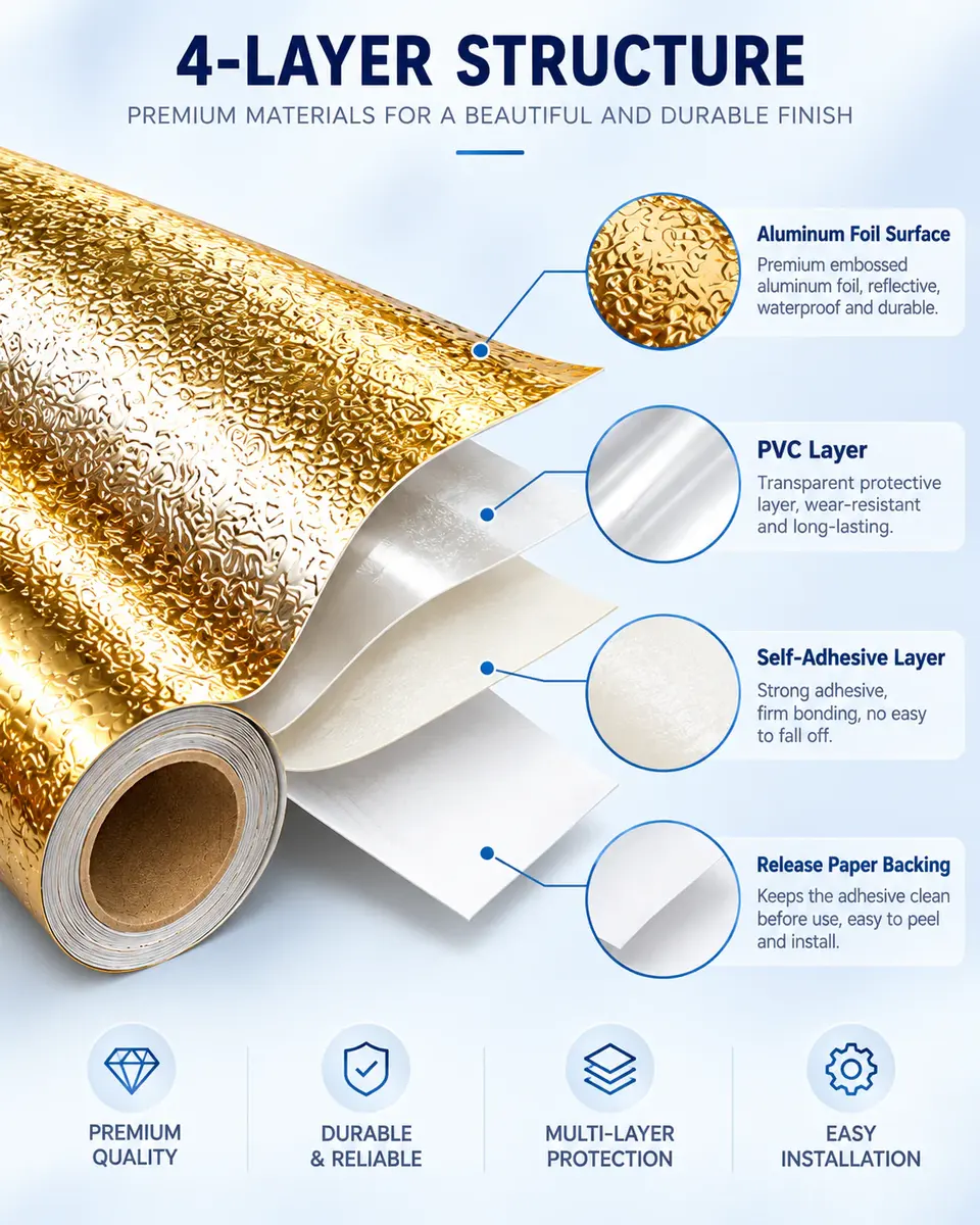Luxury Gold & Silver Aluminum Foil Kitchen Sticker — Surface texture and finish close-up