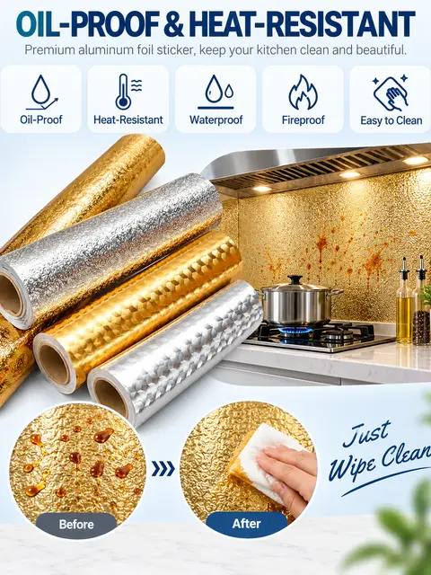 Luxury Gold & Silver Aluminum Foil Kitchen Sticker — Feature wall