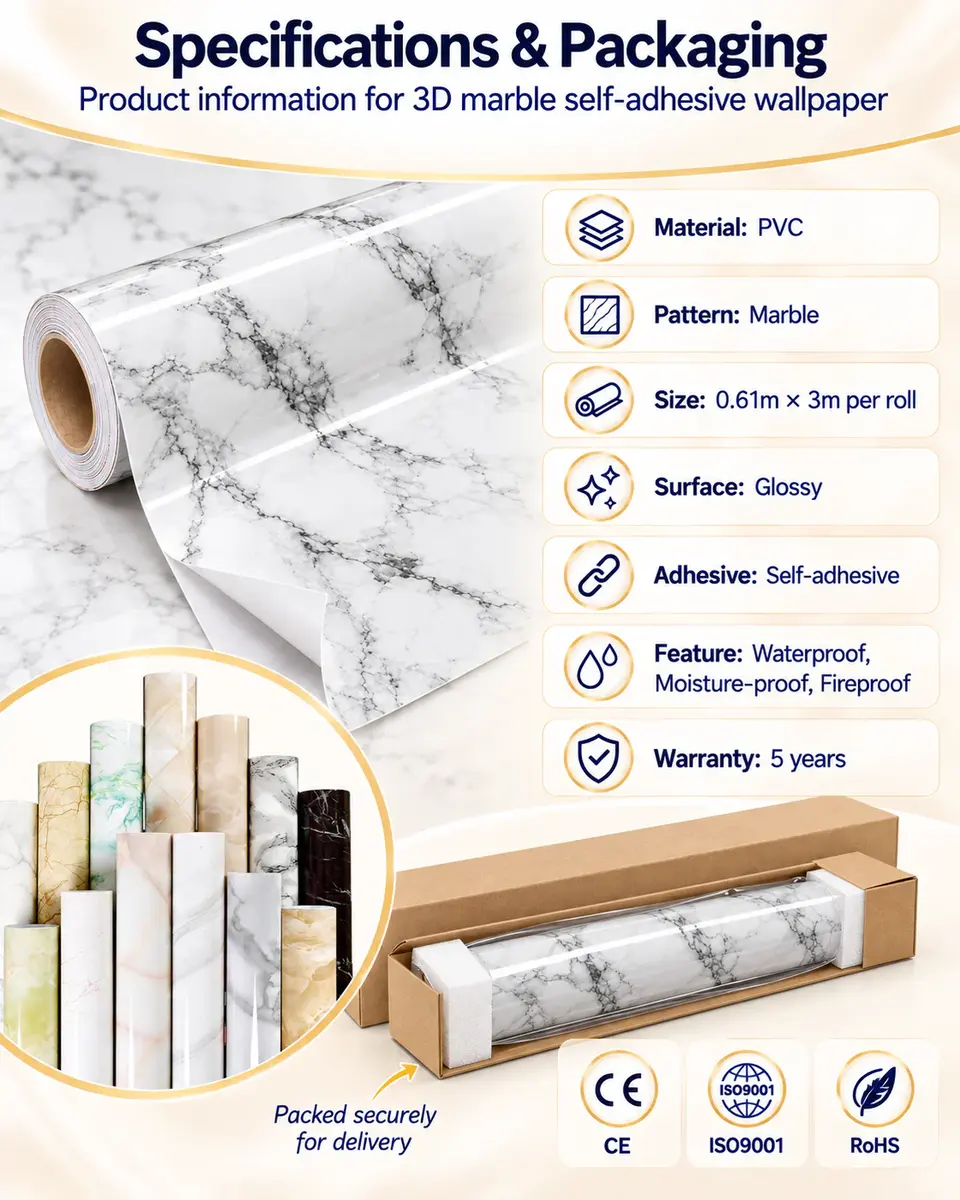 3D Marble PVC Self-Adhesive Waterproof Wallpaper — Roll format and packaging