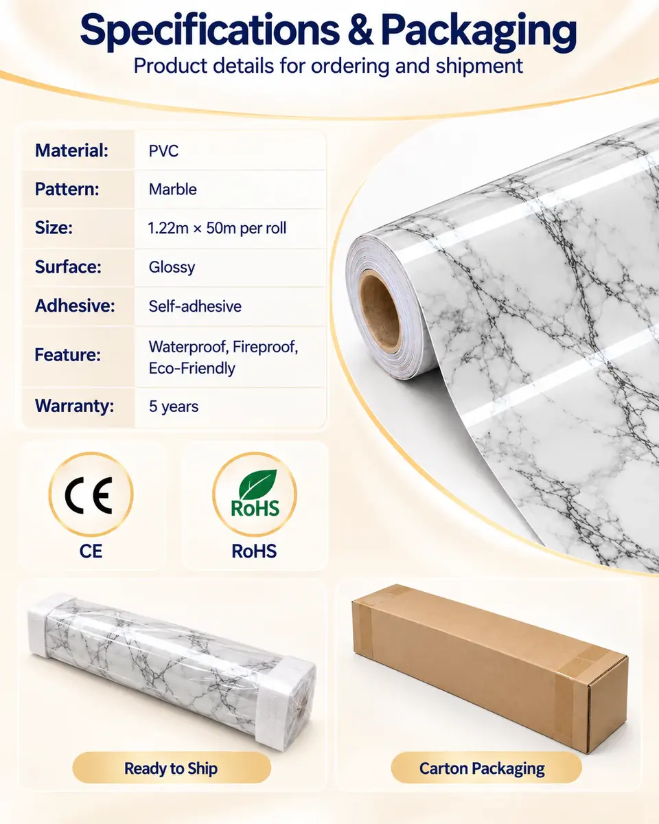 Best-Selling Marble Waterproof Self-Adhesive Kitchen Wallpaper — Roll format and packaging