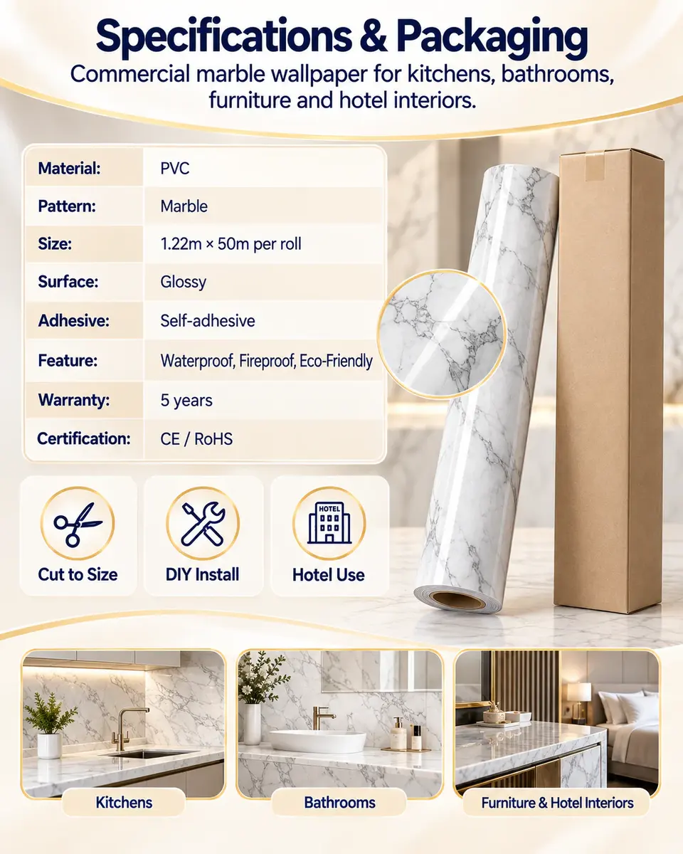 Best-Selling Marble Waterproof Self-Adhesive Kitchen Wallpaper — Roll format and packaging