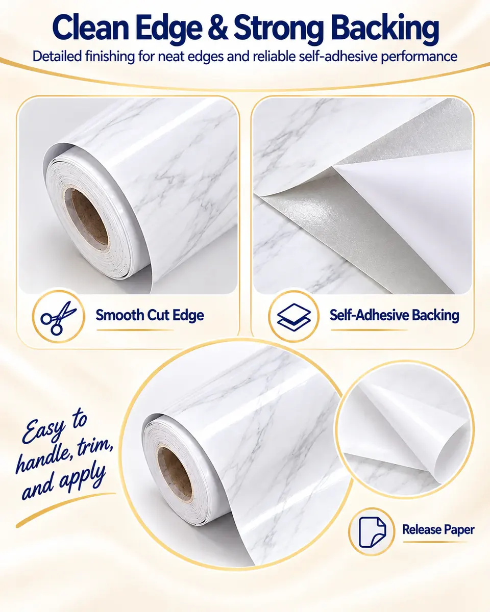 Factory-Price Self-Adhesive Waterproof 3D Marble Wallpaper for Kitchen — Installation and application detail
