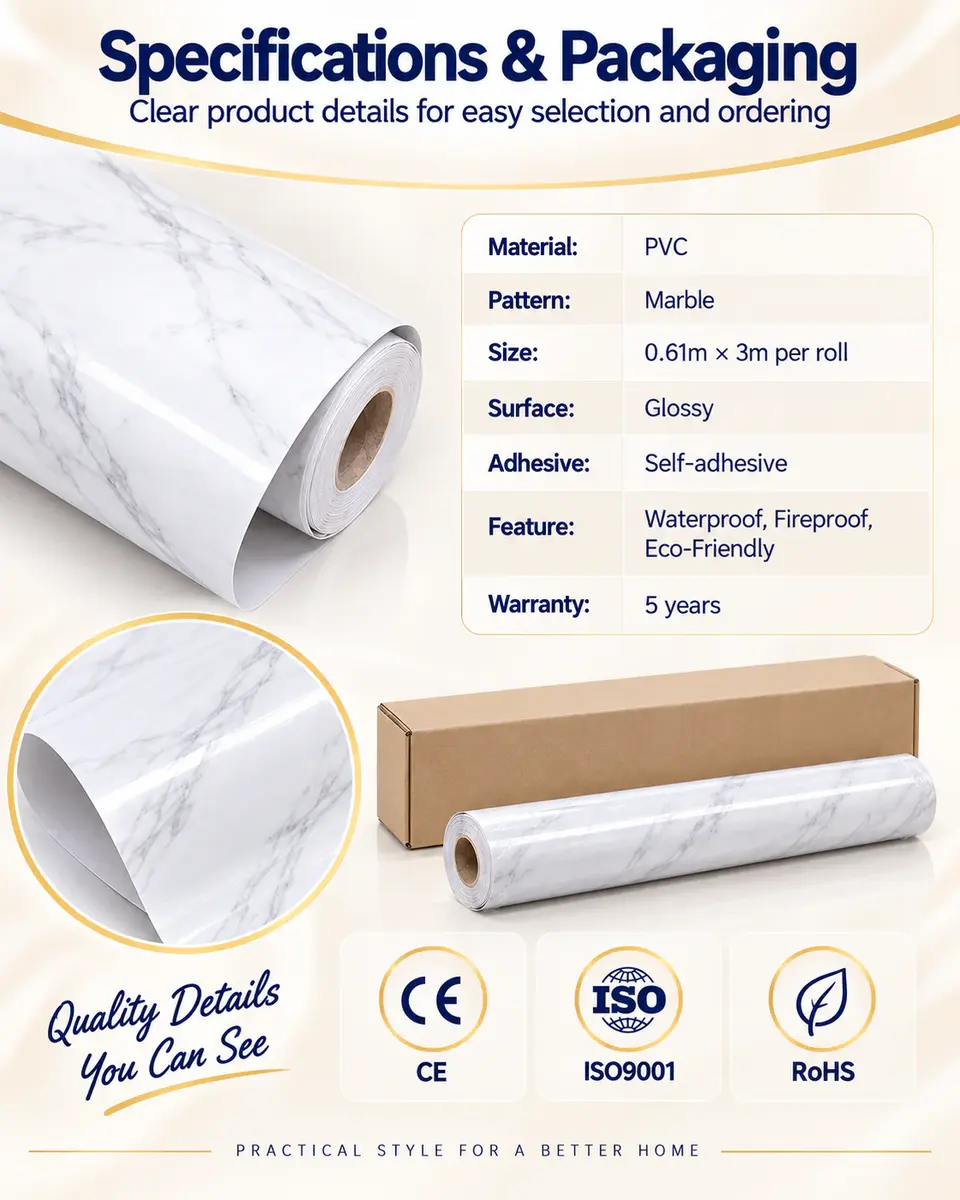 Factory-Price Self-Adhesive Waterproof 3D Marble Wallpaper for Kitchen — Roll format and packaging