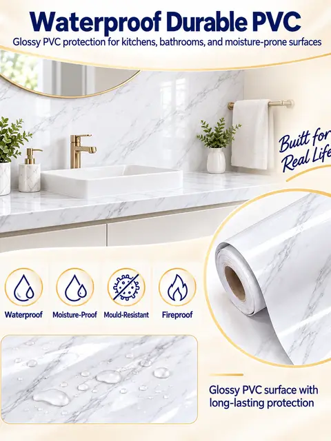 Factory-Price Self-Adhesive Waterproof 3D Marble Wallpaper for Kitchen — Feature wall