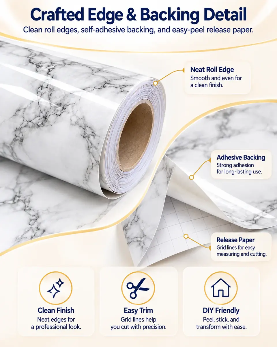 High-Quality Easy-to-Clean Self-Adhesive Marble Wallpaper for Kitchen — Installation and application detail