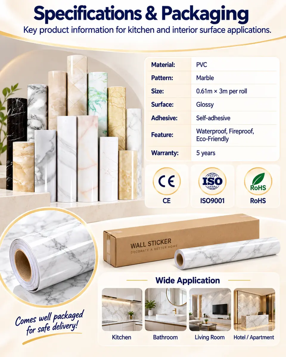 High-Quality Easy-to-Clean Self-Adhesive Marble Wallpaper for Kitchen — Roll format and packaging