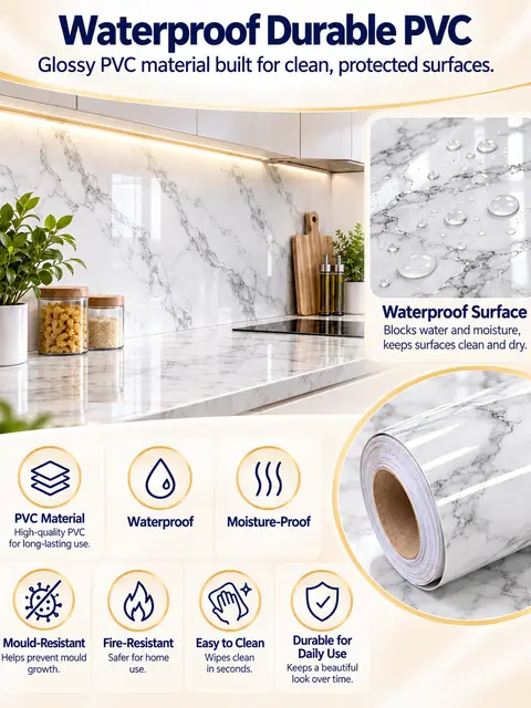 High-Quality Easy-to-Clean Self-Adhesive Marble Wallpaper for Kitchen — Feature wall