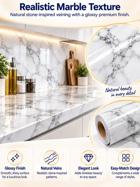 High-Quality Easy-to-Clean Self-Adhesive Marble Wallpaper for Kitchen — Living room
