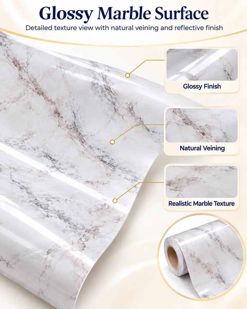 Glossy Marble Wallpaper Roll Peel and Stick Self Adhesive PVC Vinyl Marble 3D Film Waterproof for Home Decoration — Construction and material layers
