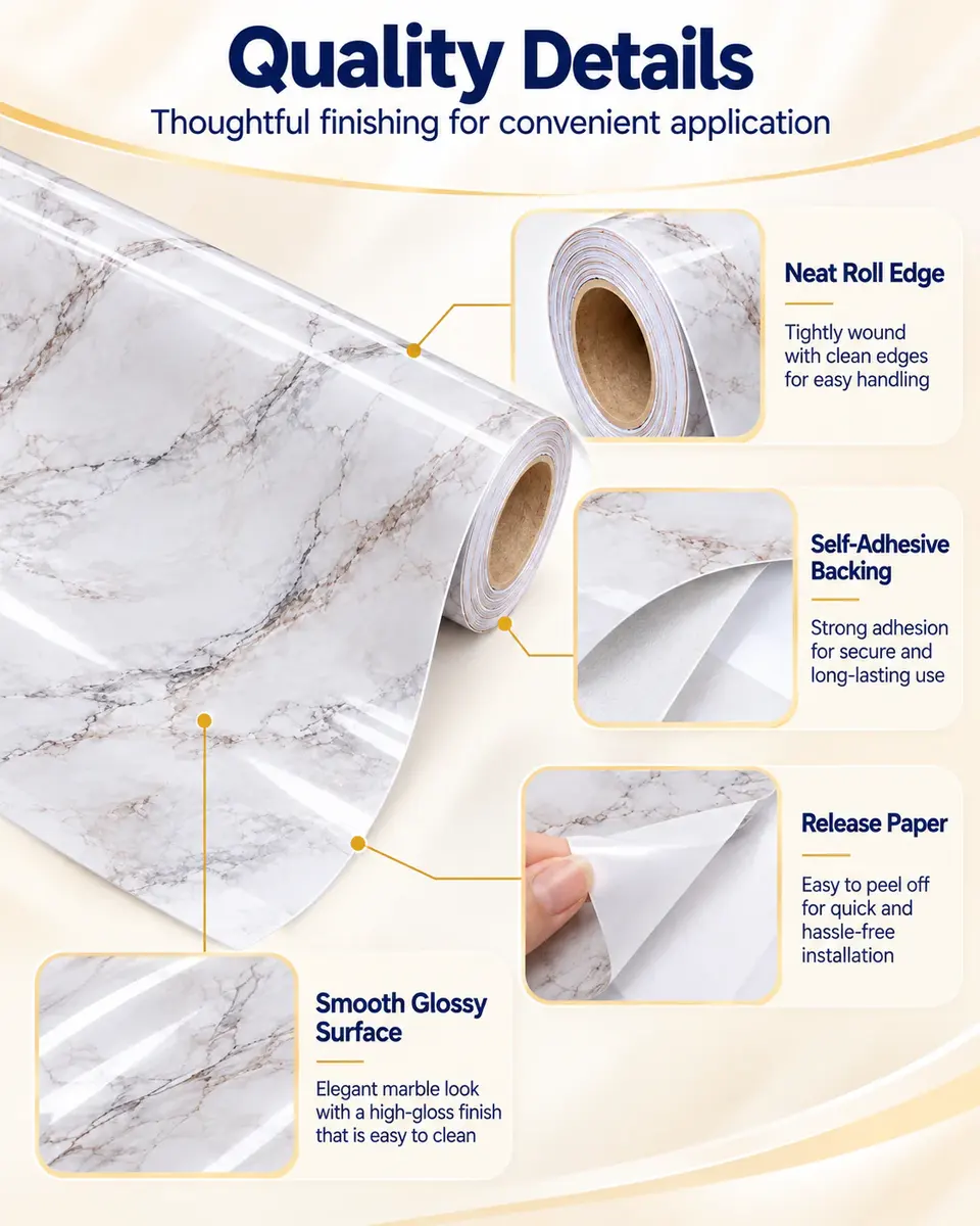 Glossy Marble Wallpaper Roll Peel and Stick Self Adhesive PVC Vinyl Marble 3D Film Waterproof for Home Decoration — Installation and application detail