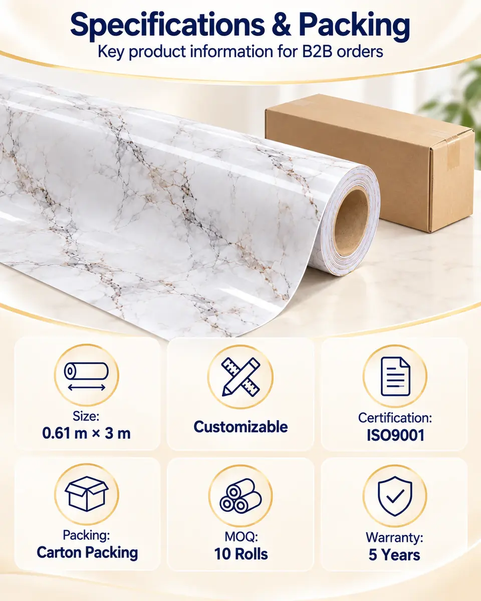 Glossy Marble Wallpaper Roll Peel and Stick Self Adhesive PVC Vinyl Marble 3D Film Waterproof for Home Decoration — Roll format and packaging