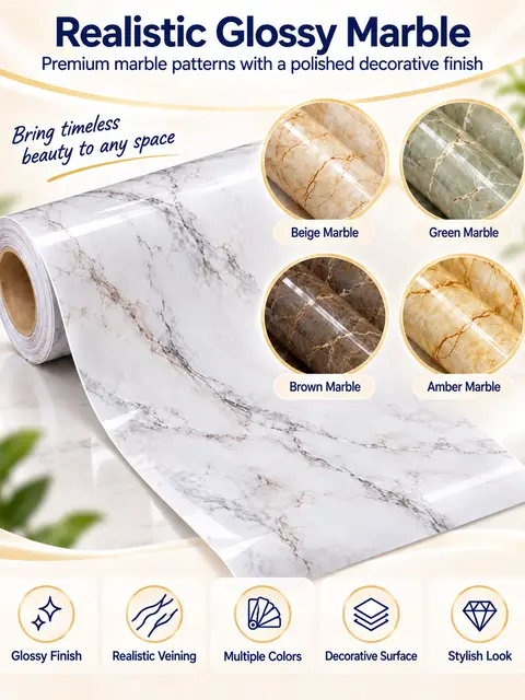 Glossy Marble Wallpaper Roll Peel and Stick Self Adhesive PVC Vinyl Marble 3D Film Waterproof for Home Decoration — Living room