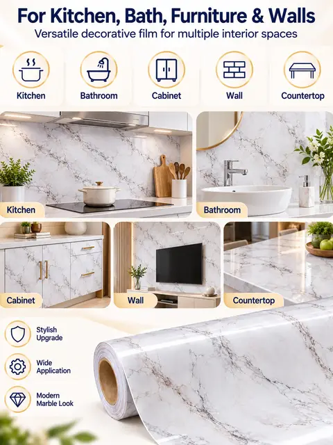 Glossy Marble Wallpaper Roll Peel and Stick Self Adhesive PVC Vinyl Marble 3D Film Waterproof for Home Decoration — Kitchen & bathroom