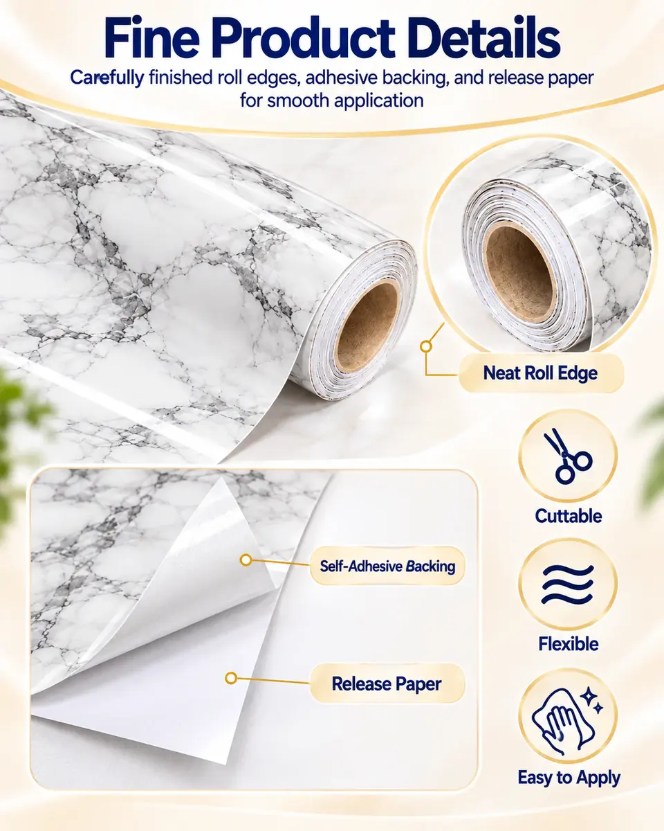 PVC Adhesive 3D Stone Marble Contact Paper — Installation and application detail