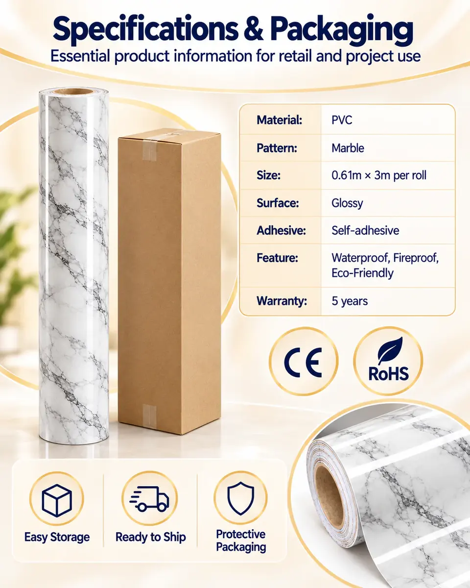 PVC Adhesive 3D Stone Marble Contact Paper — Roll format and packaging