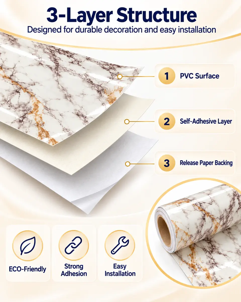 Self Adhesive PVC Wall Paper Glossy Marble Wallpaper for Bathroom — Surface texture and finish close-up