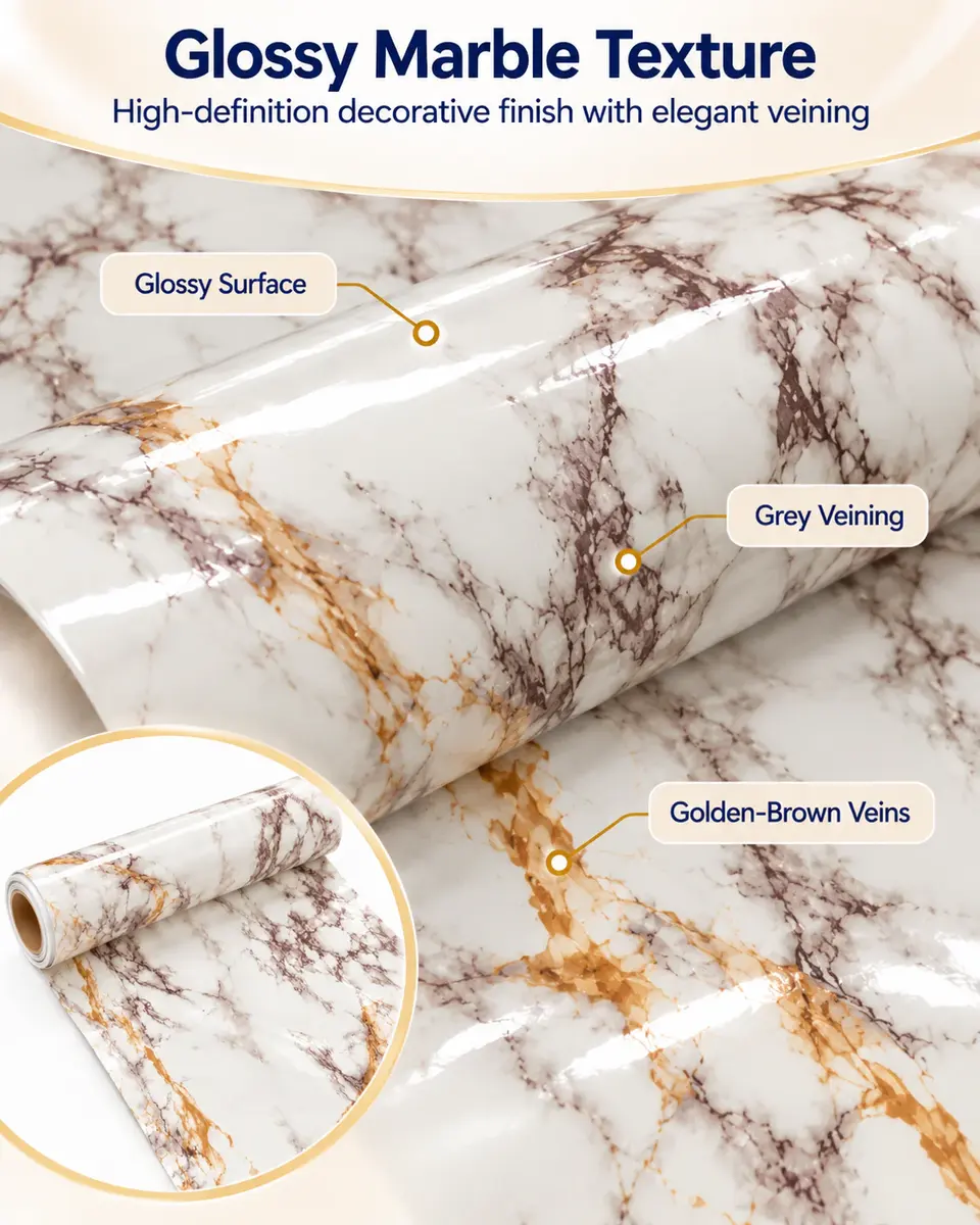 Self Adhesive PVC Wall Paper Glossy Marble Wallpaper for Bathroom — Construction and material layers