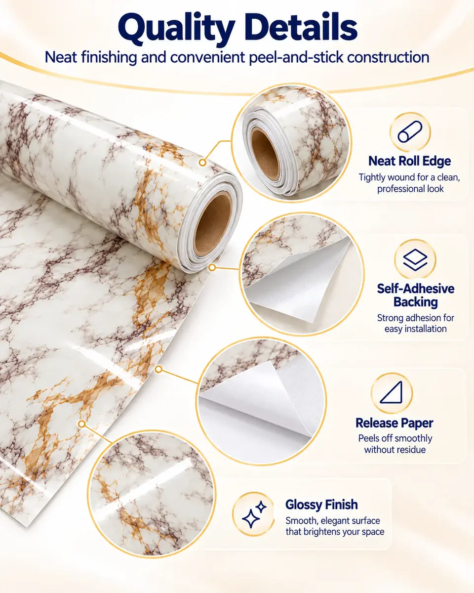 Self Adhesive PVC Wall Paper Glossy Marble Wallpaper for Bathroom — Installation and application detail