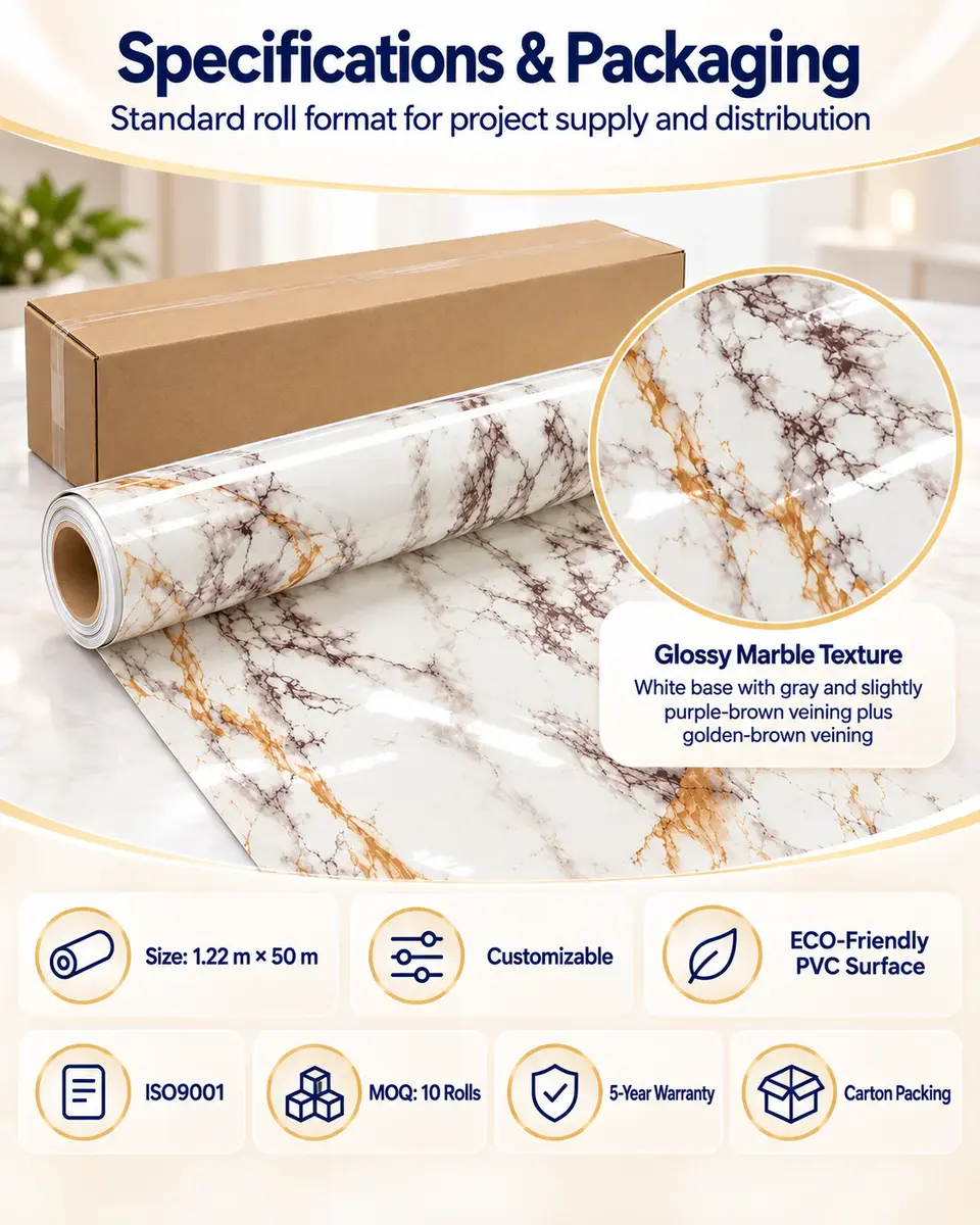 Self Adhesive PVC Wall Paper Glossy Marble Wallpaper for Bathroom — Roll format and packaging