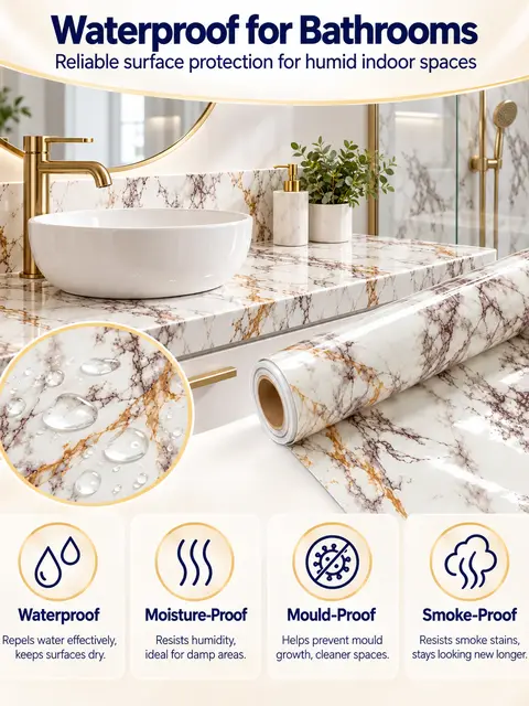 Self Adhesive PVC Wall Paper Glossy Marble Wallpaper for Bathroom — Feature wall