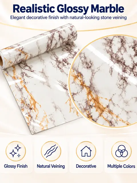 Self Adhesive PVC Wall Paper Glossy Marble Wallpaper for Bathroom — Living room