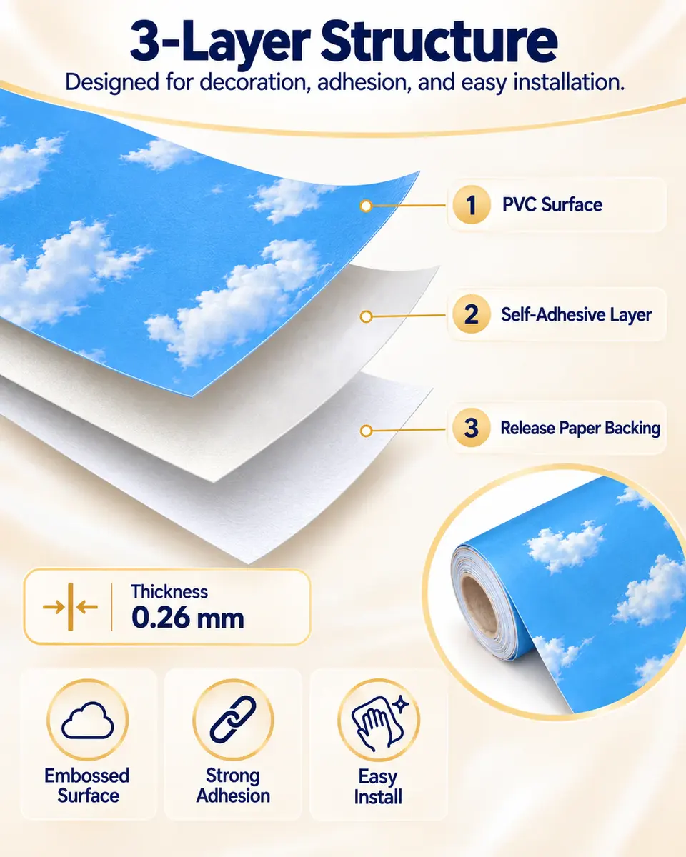 Modern Decorative Vinyl Home Decorating Ceiling Sticker Paper Wallpaper Self Adhesive — Surface texture and finish close-up