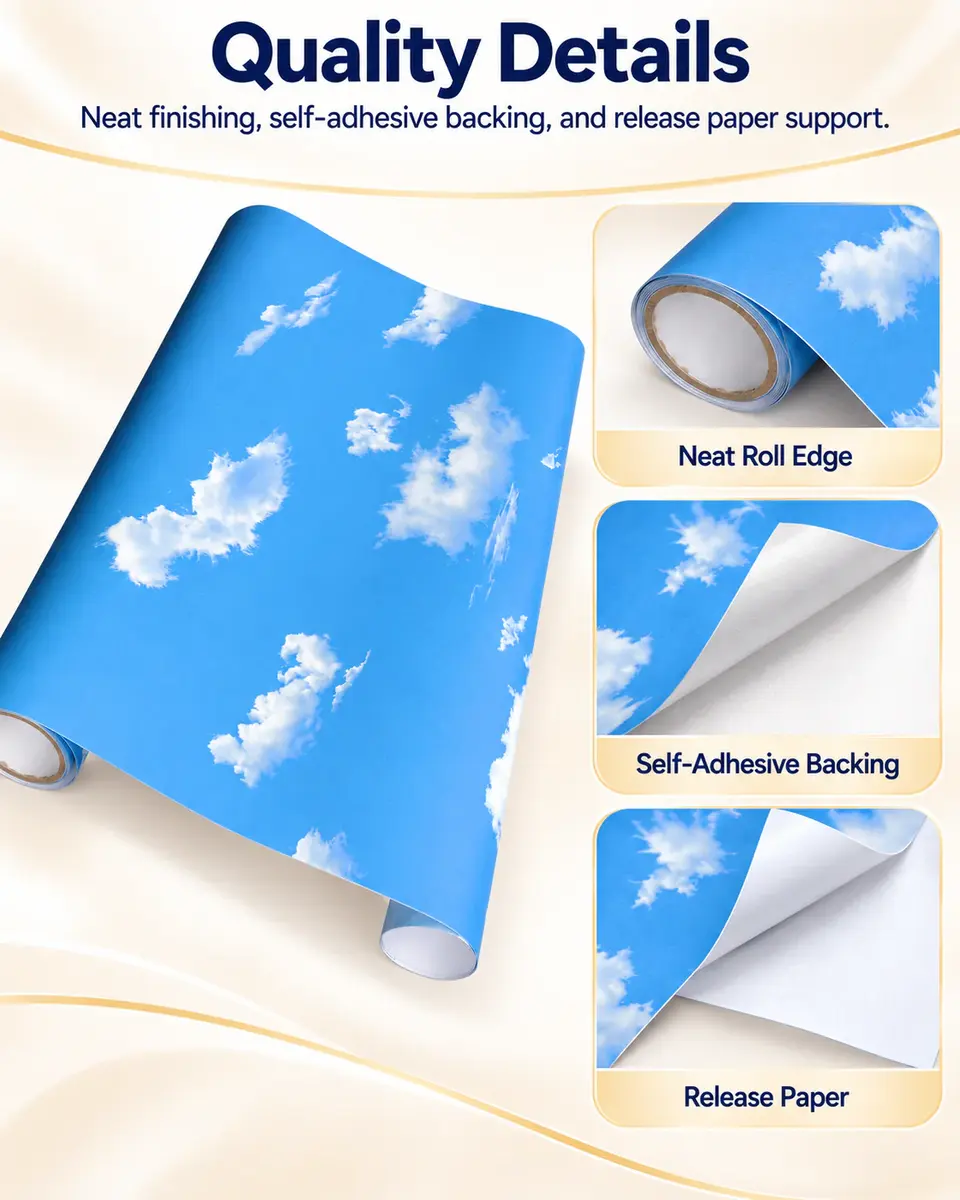 Modern Decorative Vinyl Home Decorating Ceiling Sticker Paper Wallpaper Self Adhesive — Installation and application detail