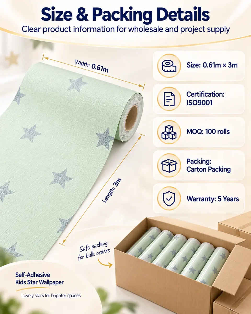 Hot Sale Modern Waterproof Star Wallpaper Self-adhesive 3D Wall Stickers for Kids Rooms — Roll format and packaging