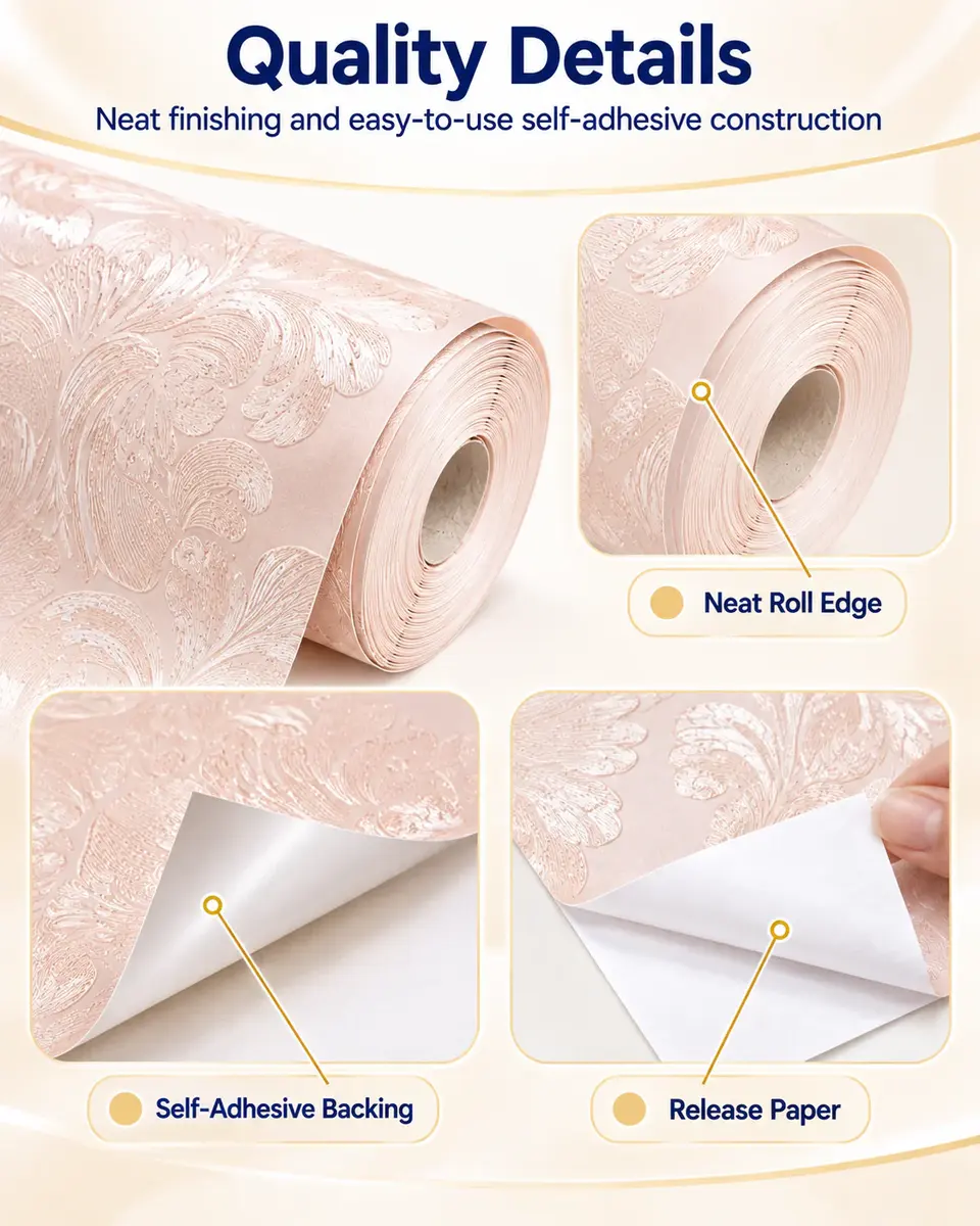 Pink Embossed 3d Floral Texture Thick Wallpaper Bedroom Living Room Sticker Self Adhesive Wallpapers Roll Home Decoration — Installation and application detail