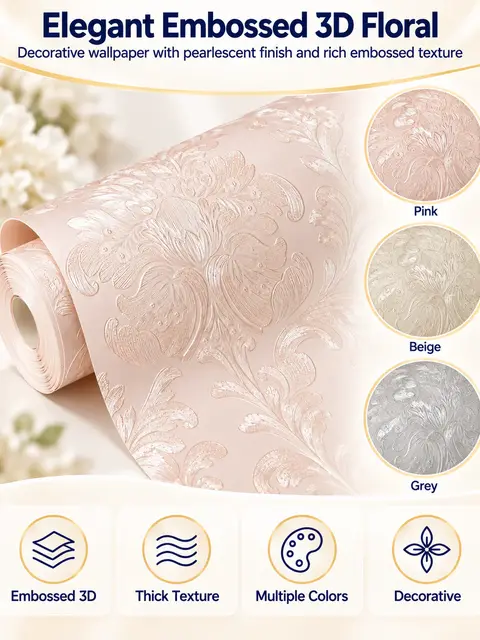 Pink Embossed 3d Floral Texture Thick Wallpaper Bedroom Living Room Sticker Self Adhesive Wallpapers Roll Home Decoration — Living room