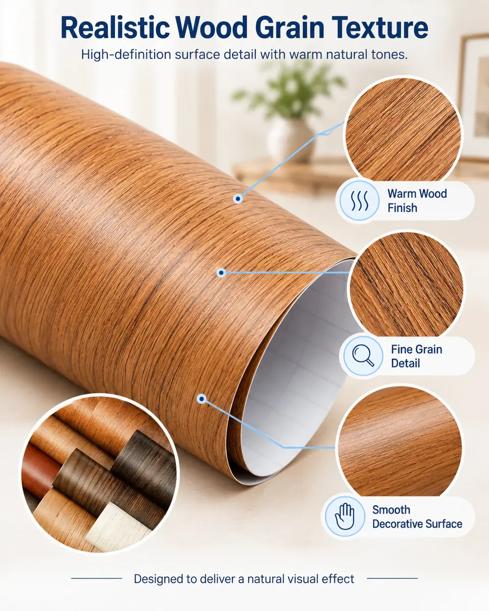 Self-Adhesive PVC Wood Grain Wallpaper — Construction and material layers
