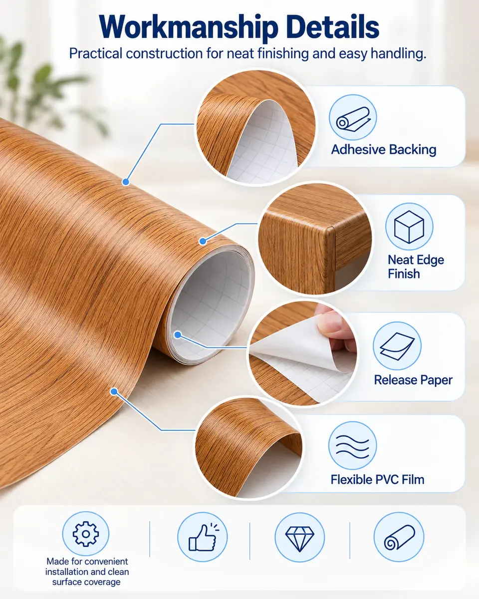 Self-Adhesive PVC Wood Grain Wallpaper — Installation and application detail