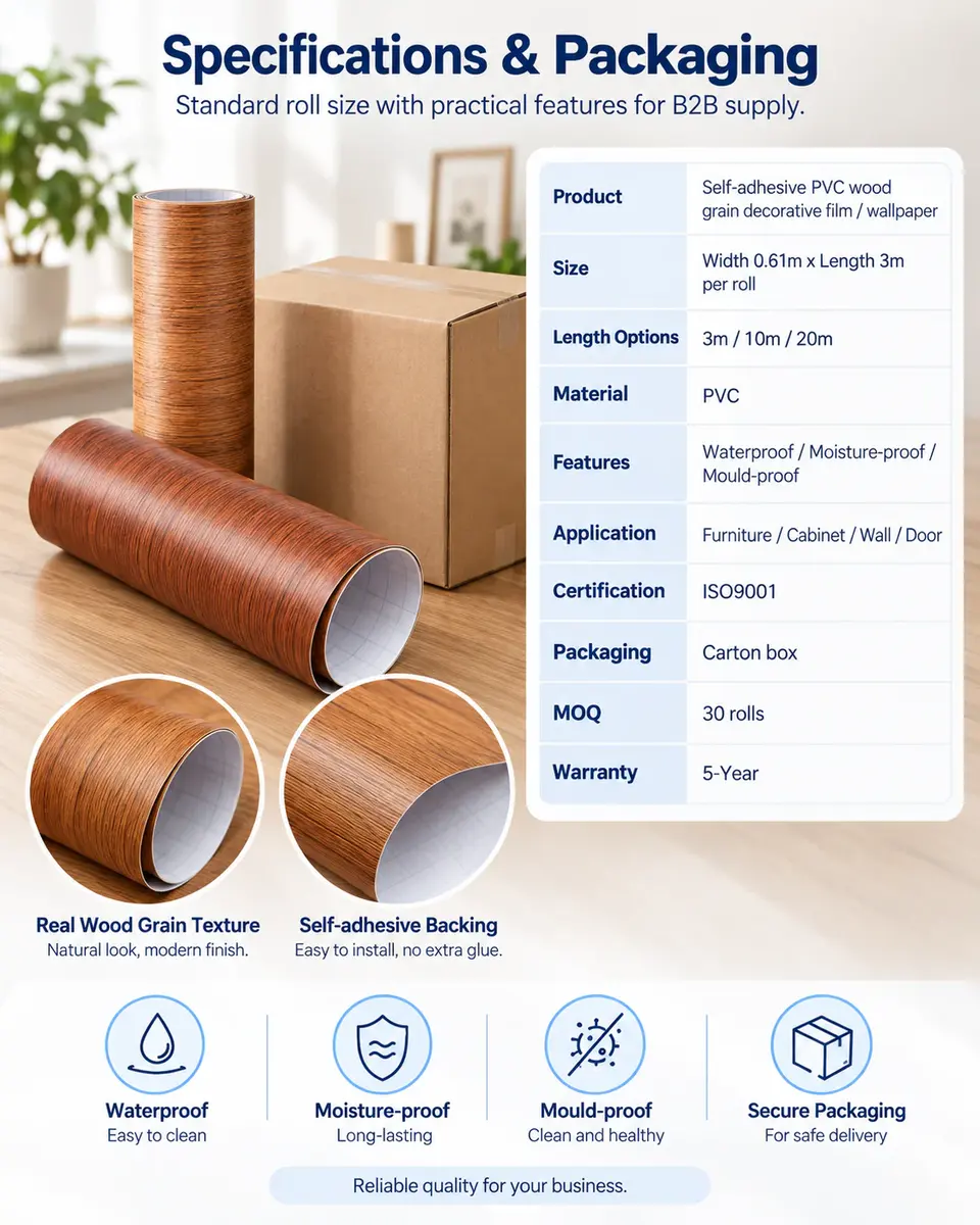Self-Adhesive PVC Wood Grain Wallpaper — Roll format and packaging