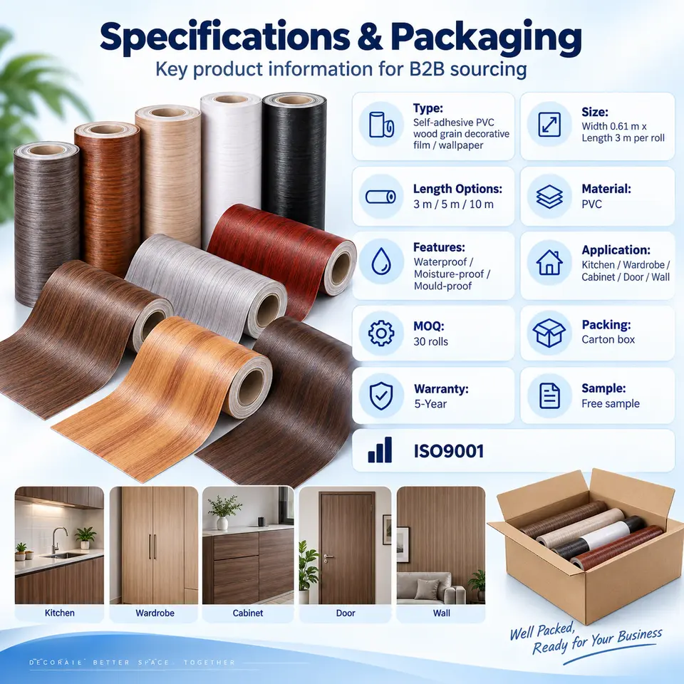 Waterproof PVC Vinyl Wood Grain Self-Adhesive Wallpaper — Roll format and packaging