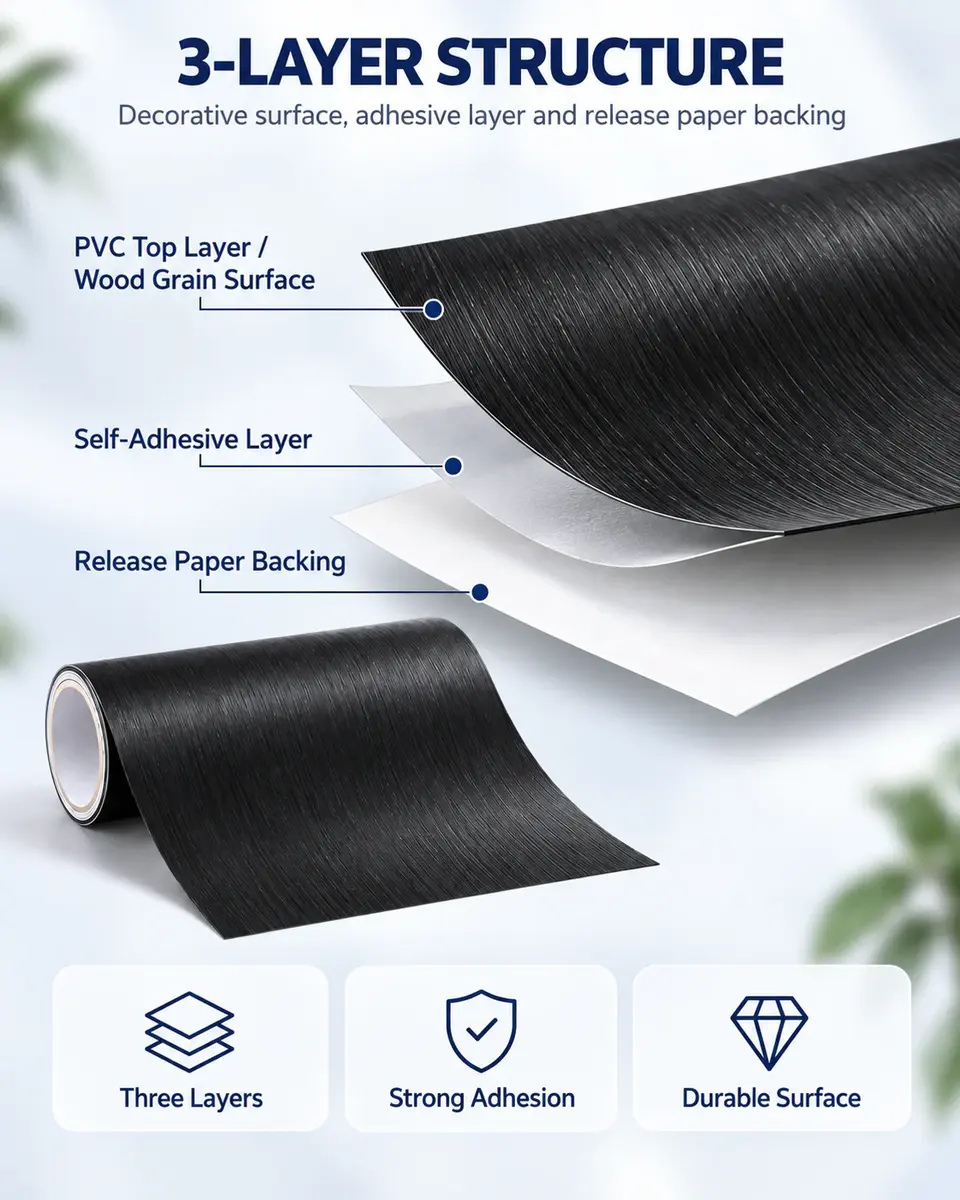 3D Black Wood Grain Self-Adhesive PVC Wallpaper / Decorative Film — Surface texture and finish close-up