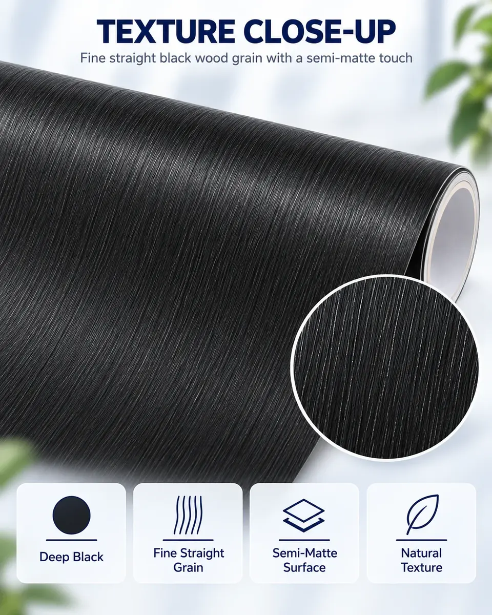 3D Black Wood Grain Self-Adhesive PVC Wallpaper / Decorative Film — Construction and material layers