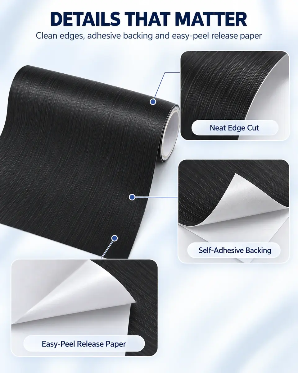 3D Black Wood Grain Self-Adhesive PVC Wallpaper / Decorative Film — Installation and application detail