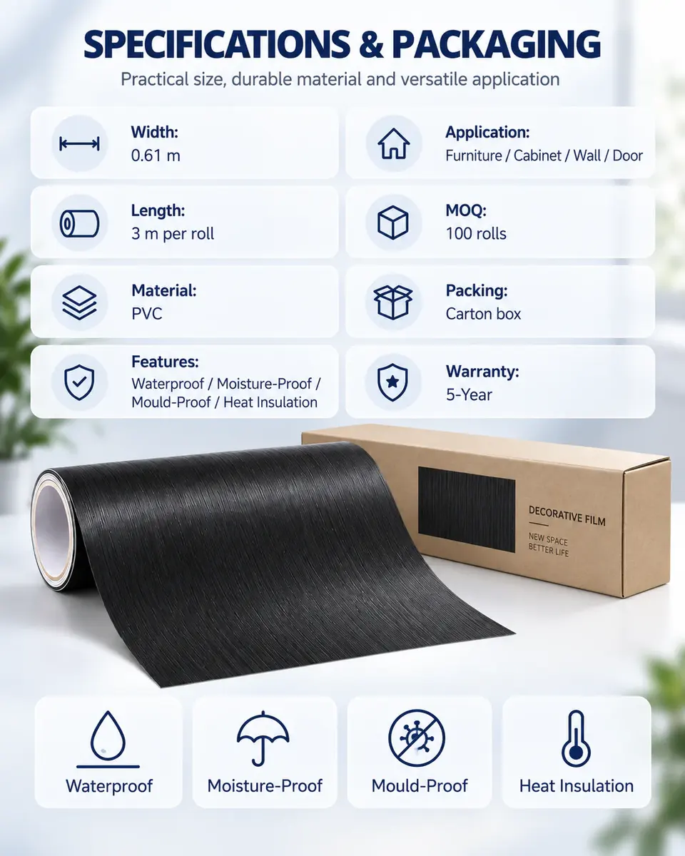 3D Black Wood Grain Self-Adhesive PVC Wallpaper / Decorative Film — Roll format and packaging