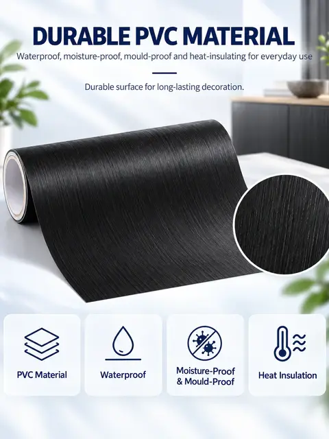 3D Black Wood Grain Self-Adhesive PVC Wallpaper / Decorative Film — Feature wall