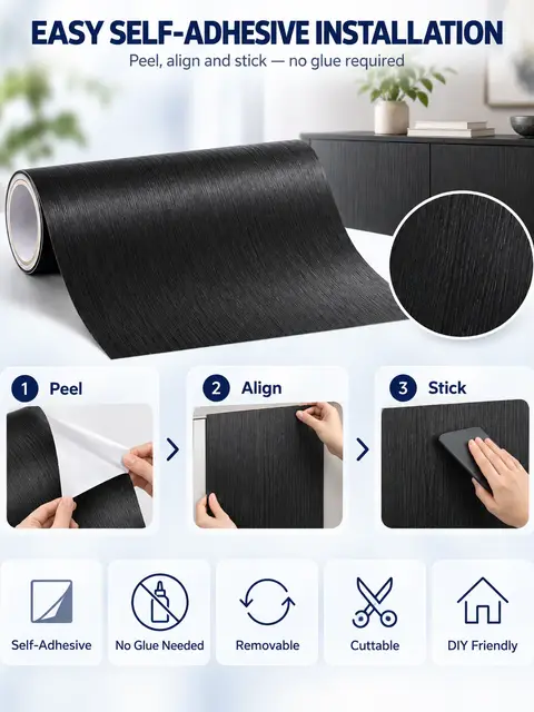 3D Black Wood Grain Self-Adhesive PVC Wallpaper / Decorative Film — Bedroom & nursery