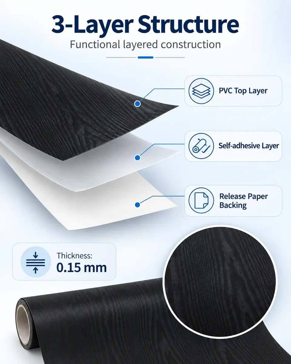 Black Oak Wood Grain Self-Adhesive PVC Sticker / Wallpaper — Surface texture and finish close-up