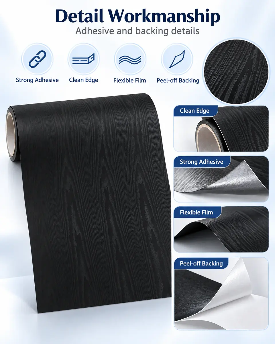 Black Oak Wood Grain Self-Adhesive PVC Sticker / Wallpaper — Installation and application detail
