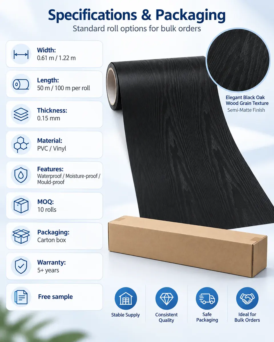 Black Oak Wood Grain Self-Adhesive PVC Sticker / Wallpaper — Roll format and packaging