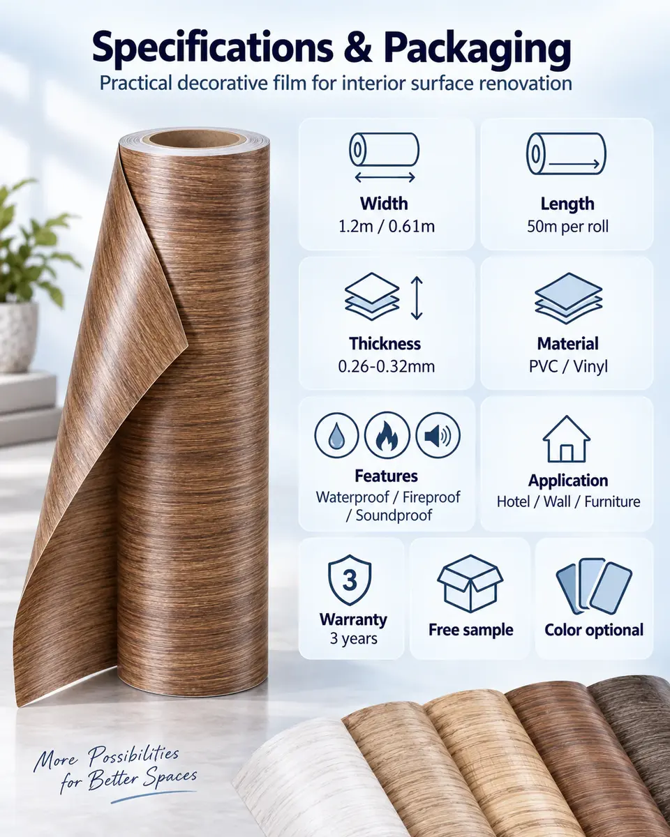 Wood Grain Vinyl Self-Adhesive Wallpaper — Roll format and packaging