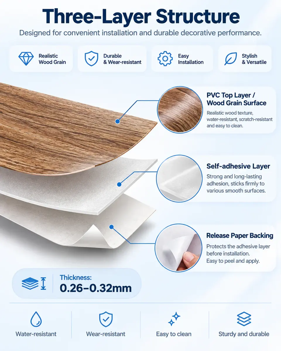 Wood Grain Vinyl Self-Adhesive Wallpaper — Surface texture and finish close-up